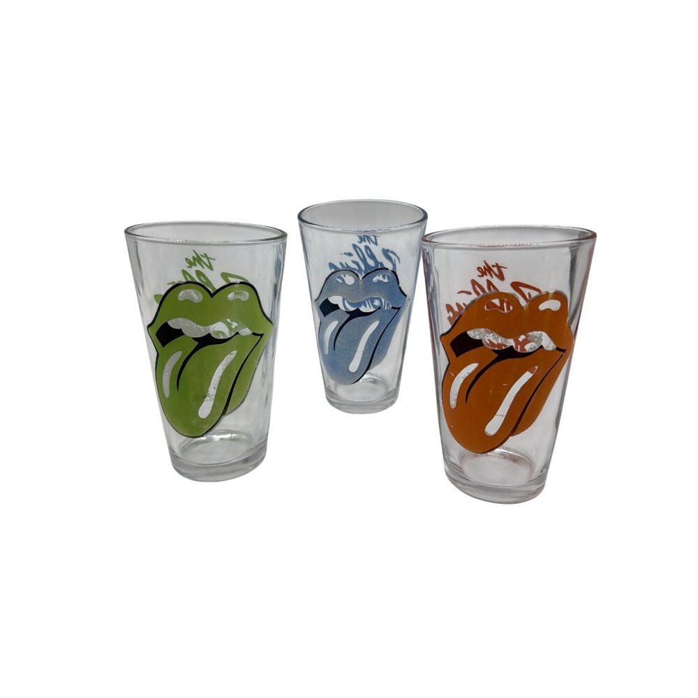 The Rolling Stones Logo Pint Glasses Set Of 3 Green Blue Orange Clear Glass